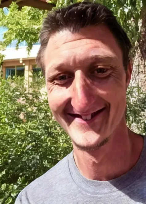 Daniel Larson <lora:Daniel Larson:0.9> man, detailed face, red shirt, smiling, gray t-shirt, leaves behind him