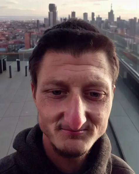 <lora:Daniel Larson:0.87> Daniel Larson, closeup photo of a man, wearing fitted sweater, facial hair, blurred city skyline, urban rooftop, twilight, natural light, city lights, depth, subtle backdrop, intense and introspective mood, soft diffused natural light, warm artificial sidelight, moody atmosphere, skin texture, modern (rugged:0.4) aesthetic, sitting