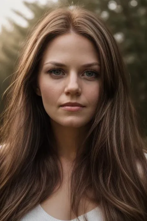 (portrait photo) of (jnmr woman:1.0), 8k uhd, dslr, soft lighting, high quality, film grain, long hair, 4K, HDR, outdoors, sunny, portrait photo      <lora:JenniferMorrisonDogu_jnmr:1>