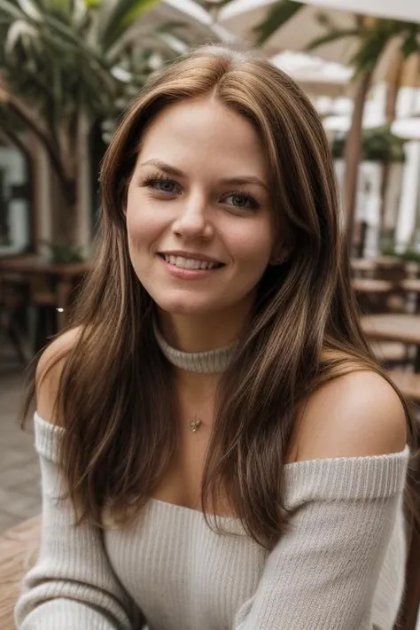 (portrait photo) of (jnmr woman:1.0), very happy,long hair, wearing an off-shoulder sweater, choker, closeup portrait, in a outdoor cafe in 2015, afternoon light <lora:JenniferMorrisonDogu_jnmr:1>
