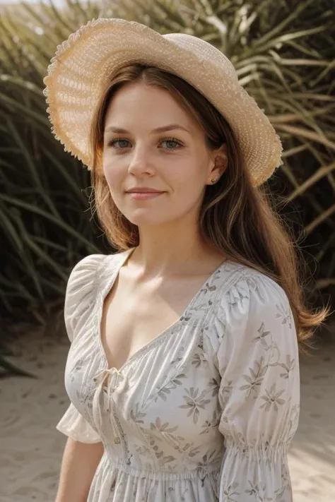 (portrait photo) of (jnmr woman:1.0), wearing a floral pattern frilled dress, by the beach, face in highlight, sunny day <lora:JenniferMorrisonDogu_jnmr:1>