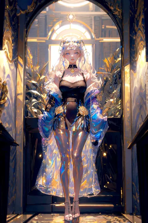 ((best quality)), ((masterpiece)), (detailed),alluring,1girl,solo, looking at viewer, (highly detailed), (realistic),black shirt,black pants, reflections (transparent),holographic clothing <lora:holov7:1>,holographic blue jacket, bloom,long white hair,white bangs, choker,ornaments,(full body), reflective floor, temple, stars, (caustics), temple ((ultra realistic perfect face)), masterpiece, best quality, ultra-detailed