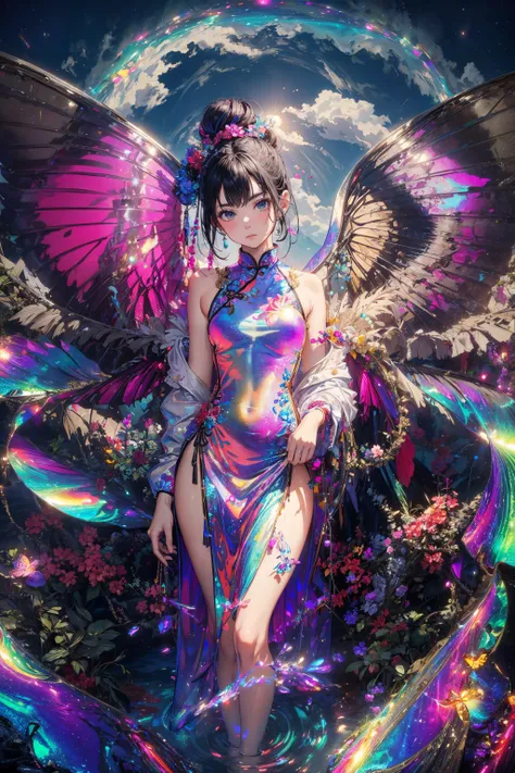 masterpiece, hyperdetailed,((young girl with wings:1.2)), looking at viewer, (iridescence wings, translucent wings, reflection silver wings:1.2),,short hair, adult, butterfly wings , woman, , voluptuous,((tight dress:1.2)), flat colors, vivid colors, slim body,(best quality:1.3),ultra high res,raw photo,detailed skin,beautiful lighting, 1girl ,dragon girl, 1girl,young swordswoman with butterfly wings, ,slim body,, outfit blending futuristic technology, gacha splash,(harsh urban environment:1.3),(determination and bravery:1.2),masterpiece,cyberpunk style with Chinese influenceg, headband,, , extreme detailed,,(wearing a black qipao dress:1.2)
traditional Chinese architecture in the background,delicate sunlight filtering through, fair skin ,,( black hair in buns :1.2),, Deep view,(lights:1.1), (blue, red, pink, flower clusters: 1.6532)
<lora:add_detail:0.6>
((iridescence holographic Clothing:1.3))
<lora:iridescence_holographic_Clothing:0.6> , <lora:planet_Simulator_style_Lora:0.2>, <lora:LowRa:0.6>