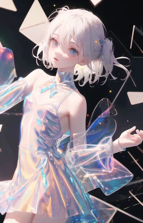 (((masterpiece))), (((best quality))), ((ultradetailed)),1girl,solo,short white hair,white transparent holographic clothing,black background,  light particles,  night,black night, <lora:conceptHolographic_holographicClothing:1>