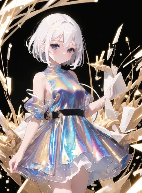 (((masterpiece))), (((best quality))), ((ultradetailed)),1girl,solo,short white hair,white transparent holographic clothing,black background,  light particles,  night,black night, <lora:conceptHolographic_holographicClothing:1>