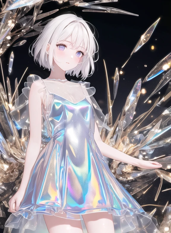 (((masterpiece))), (((best quality))), ((ultradetailed)),1girl,solo,short white hair,white transparent holographic clothing,black background, light particles, night,black night, <lora:conceptHolographic_holographicClothing:1>