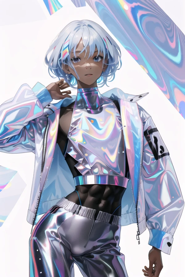 best quality,ultra high res,(1man, :1),(ikemen:1),muscular,clear face,pastel holographic clothing, <lora:conceptHolographic_holographicClothing:0.7>,white background