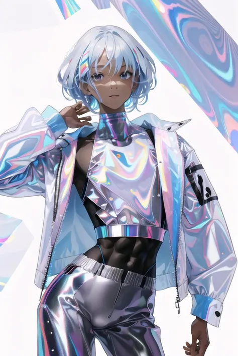 best quality,ultra high res,(1man,  :1),(ikemen:1),muscular,clear face,pastel holographic clothing, <lora:conceptHolographic_holographicClothing:0.7>,white background