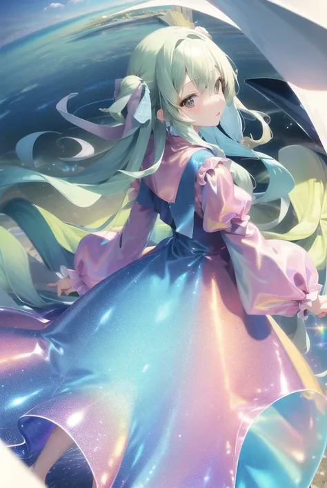 best quality,ultra high res,1girl, long dress,puffy long sleeves,pastel holographic clothing, <lora:conceptHolographic_holographicClothing:0.8>