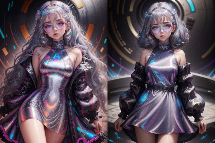 <lora:OUTFIT_roundTaintedGlasses_full:0.3><lora:OUTFIT_Holographic_Clothing:0.42><lora:PAINTERLY_STYLE_ARTIST_AlexGrey_psychedelic_v5:0.33><lora:ANIME_STYLE_UNKNOWN_fashionGirl_v45_word-fashi-girl:0.1>, 1girl, holographic clothing, reflective dress, high fashion, wearing circular colored glasses, 64K, f1.2, 800mm, UHD, dynamic lighting, grey hair, red eyes