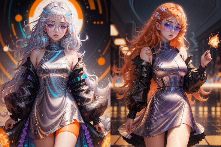 <lora:OUTFIT_roundTaintedGlasses_full:0.3><lora:OUTFIT_Holographic_Clothing:0.42><lora:PAINTERLY_STYLE_ARTIST_AlexGrey_psychedelic_v5:0.33><lora:ANIME_STYLE_UNKNOWN_fashionGirl_v45_word-fashi-girl:0.1>, 1girl, holographic clothing, reflective dress, high fashion, wearing circular colored glasses, 64K, f1.2, 800mm, UHD, dynamic lighting, white hair, orange eyes