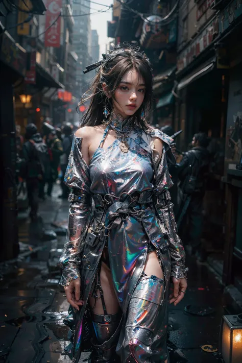 best quality,ultra-detailed,photorealistic,robotic, 1girl,young swordswoman,slim body, holding a glowing katana,futuristic cyberpunk night city , outfit blending futuristic technology, cyberpunk city guard, katana behind his back, long hair, white hair,,(guardian of the city:1.2), gacha splash,(harsh urban environment:1.3),(determination and bravery:1.2),masterpiece,cyberpunk style with Chinese influenceg, headband, car crash, night, rain, puddles, cyberpunk lights, , extreme detailed,,, (long hair:1.3),(iridescence holographic Clothing:1.1) <lora:hanfu_clothes_LORA:0.4>, <lora:reel_mech_robotic:0.9>,<lora:planet_Simulator_style_Lora:0.6>,<lora:add_detail:0.7> <lora:iridescence_holographic_Clothing:0.6>