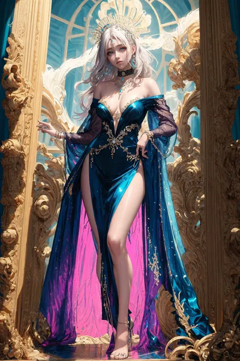 official art, unity 8k wallpaper, ultra detailed, beautiful and aesthetic, beautiful, masterpiece, best quality, (zentangle, mandala, tangle, entangle),portrait,monster girl, 1girl,solo, looking at viewer,skirt,(wide hips:1.4), reflections (transparent),holographic clothing <lora:holov7:1>, bloom,long white hair,white bangs, choker,ornaments,moody lighting, glow, glowing, mysterious, mystical, magical, rim lighting, gorgeous, vibrant, psychedelic, colorful, intricate, elegant, sharp focus, highly detailed, digital painting, concept art, matte, masterpiece, Hyper detailed ultra sharp, vibrant aesthetic, bloodwave, colorful, psychedelic, ornate, intricate, digital painting, concept art, smooth, sharp focus, illustration