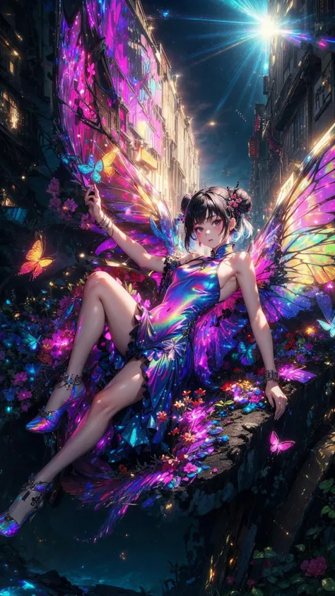 masterpiece, hyperdetailed,((young girl with wings:1.2)), looking at viewer, (iridescence wings, translucent wings, reflection silver wings:1.2),, short hair, adult, butterfly wings , woman, , voluptuous,((tight dress:1.2)), flat colors, vivid colors, slim body,(best quality:1.3),ultra high res,raw photo,detailed skin,beautiful lighting, 1girl ,dragon girl,, ,robotic, 1girl,young swordswoman with butterfly wings, ,slim body,, outfit blending futuristic technology, gacha splash,(harsh urban environment:1.3),(determination and bravery:1.2),masterpiece,cyberpunk style with Chinese influenceg, headband,, small horns, extreme detailed,,(wearing a black qipao dress:1.2)
traditional Chinese architecture in the background,delicate sunlight filtering through, fair skin ,,( black hair in buns :1.2),, Deep view,(lights:1.1), (blue, red, pink, flower clusters: 1.6532)
<lora:add_detail:0.6>
((iridescence holographic Clothing:1.3))
<lora:iridescence_holographic_Clothing:0.6> , <lora:planet_Simulator_style_Lora:0.2>, <lora:LowRa:0.6>