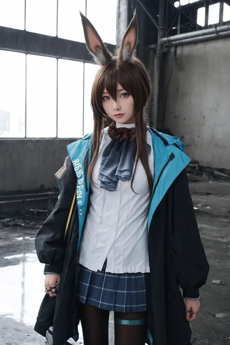 best quality,masterpiece,1girl,solo,looking at viewer,expressionless,standing,upper body,amiya cosplay costume,amiya,arknights,cosplay,long hair,brown hair,hair between eyes,rabbit ears,shirt,plaid skirt,pleated skirt,hooded jacket,coat,long sleeves,clothes writing,frilled ascot,anklet,thighlet,multiple rings,pantyhose,black pantyhose,black shoes,ruins,factory ruins,factory,dark,(factory interior background:1.5), 
<lora:Arknights_Amiya_cosplay_v1:0.7>