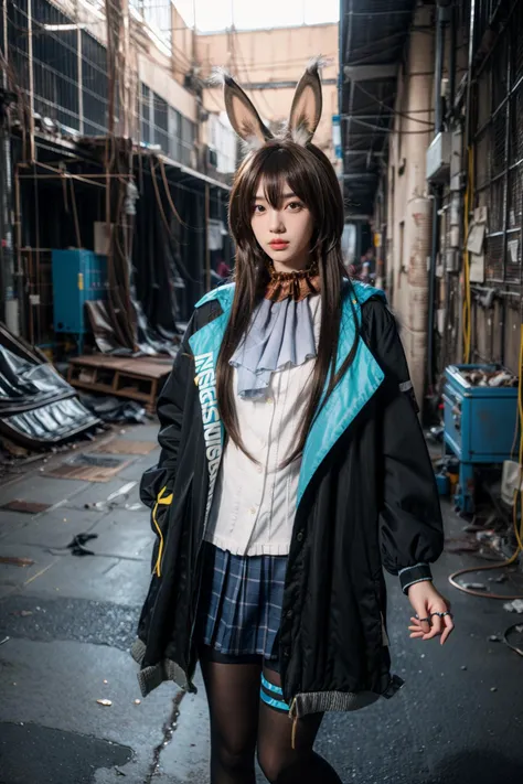 best quality,masterpiece,realistic,photorealistic,1girl,solo,looking at viewer,standing,cowboy shot,amiya cosplay costume,amiya,arknights,cosplay,long hair,brown hair,hair between eyes,rabbit ears,shirt,plaid skirt,pleated skirt,hooded jacket,coat,long sleeves,clothes writing,frilled ascot,anklet,thighlet,multiple rings,pantyhose,black pantyhose,ruins,factory ruins,factory,dark,(factory interior background:1.5),<lora:Arknights_Amiya_cosplay_v1:0.7>,<lora:add_detail:0.6>,<lora:Background_Detail_v3:1.5>,