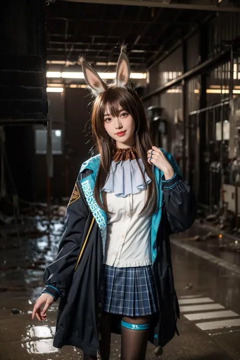 best quality,masterpiece,realistic,photorealistic,1girl,solo,looking at viewer,smile,standing,cowboy shot,amiya cosplay costume,amiya,arknights,cosplay,long hair,brown hair,hair between eyes,rabbit ears,shirt,plaid skirt,pleated skirt,hooded jacket,coat,long sleeves,clothes writing,frilled ascot,anklet,thighlet,multiple rings,pantyhose,black pantyhose,ruins,factory ruins,factory,dark,(factory interior background:1.5),<lora:Arknights_Amiya_cosplay_v1:0.7>,<lora:add_detail:0.6>,<lora:Background_Detail_v3:1.5>,