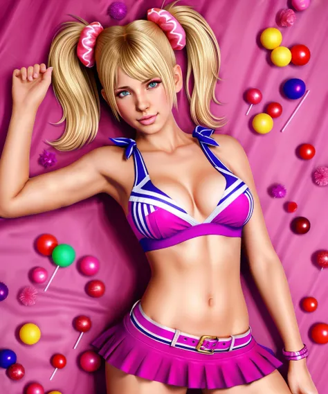 a cute  woman, medium breast, sexy cheerleader, with a lollipop, posing, Lollipop Chainsaw, complex background, cinematic <lora:LollipopC:0.75> (artstation:1.3)
