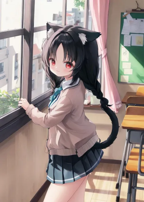 <lora:ooshio_v1.0:0.8>, ooshio_\(azur_lane\), long_hair, black_hair, red_eyes, cat_ears, twin_braids, cardigan, white shirt,pleated skirt, classroom, from side, window, smile, :3, curtain_grab, looking at viewer,, masterpiece, best quality,