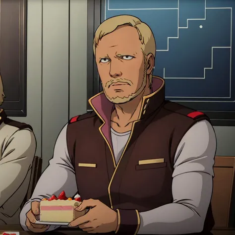 masterpiece,high quality,solo,
<lora:henkenbekkener008:0.7>,
henkenbekkener,1man,
short hair,bald,blonde hair,no eyebrows,black eyes,beard,
uniform,short sleeves jacket,popped collar,long sleeves shirt,
table,cake,