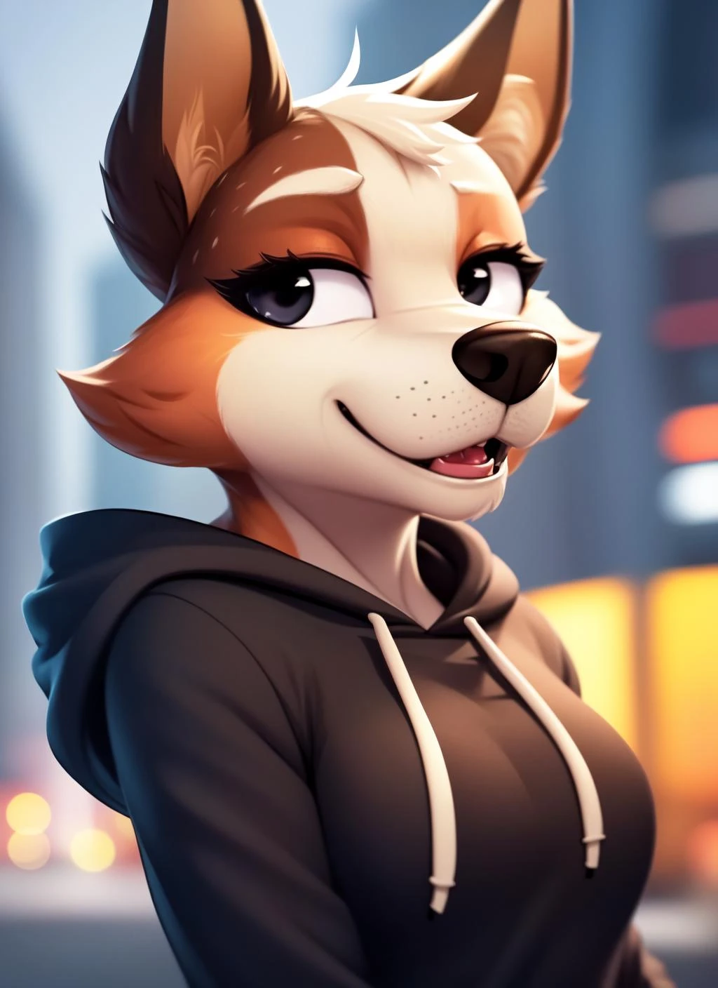 chilli, furry female, semi-anthro, portrait, close-up, (hoodie:1.2), solo, (body fur:1.2), (best quality), (detailed urban background:1.2), dramatic lighting, (detailed fluffy fur:1.1), looking at viewer, medium breasts, smile, black eyes, <lora:chilli-v1:1>