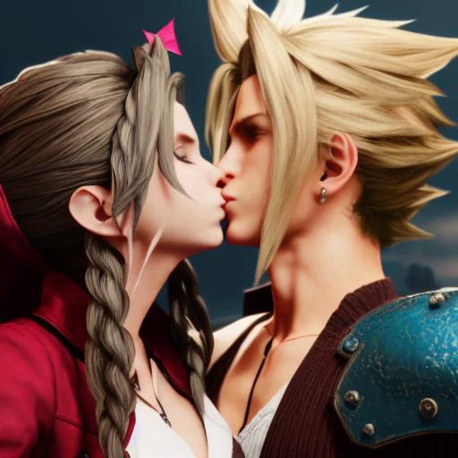 Cloud strife kissing Aerith Gainsborough, by Anna Razumovskaya