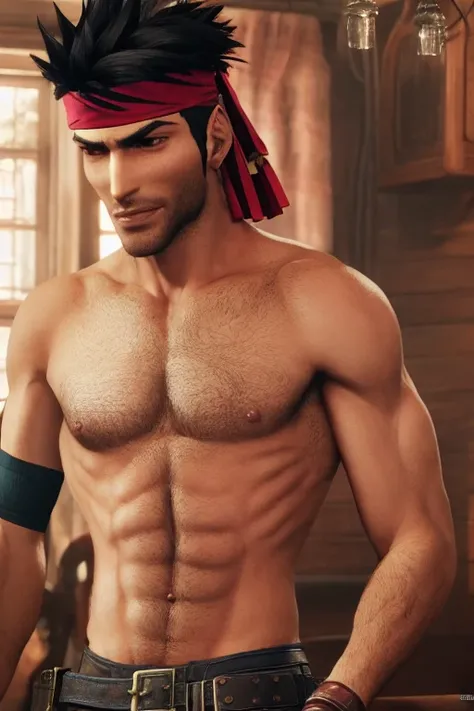 Biggs FF7R shirtless, relaxing at seventh heaven bar, hairy chest, real life skin, intricate, elegant, detailed, smooth, sharp focus, (gay porn), art by artgerm and greg rutkowski and alphonse mucha 