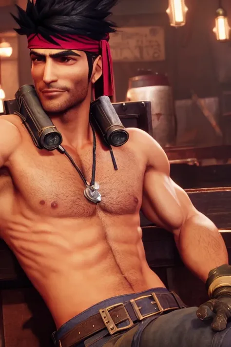 Biggs FF7R shirtless, relaxing at seventh heaven bar, hairy chest, real life skin, intricate, elegant, detailed, smooth, sharp focus, art by artgerm and greg rutkowski and alphonse mucha