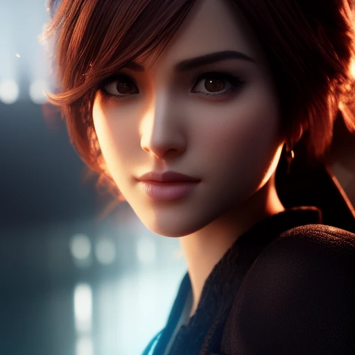 portrait, centered, sexy cute brunette woman, 3D, 3d art, 4k, 8 k artistic photography, award-winning photograph, trending on Artstation, Beautiful, 8k resolution, insanely detailed, Intricate, Behance, Cinematic, dramatic atmosphere, cinematic lighting, digital art, dramatic angle, Dramatic light by denis villeneuve, [mix style "pixar and artgerm and dreams work"], Elegant, ethereal lighting, octane render, dynamic lighting, digital painting, extreme plus resolution, fake detail, full image, full of details, global illumination, golden ratio, golden warm light, high contrast, high detail, high res, highly detailed, hyper detailed, intricate details, Masterpiece, perfect composition, photorealistic concept art, Professional, ray tracing, rich deep colors, Saturated, sharp focus, sharp lighting, soft natural volumetric cinematic perfect light, studio photo, studio quality, Stylize, super detail, Symmetry, trending on pixiv fanbox, ultra detail, ultra detailed, unreal engine 5, volumetric lighting