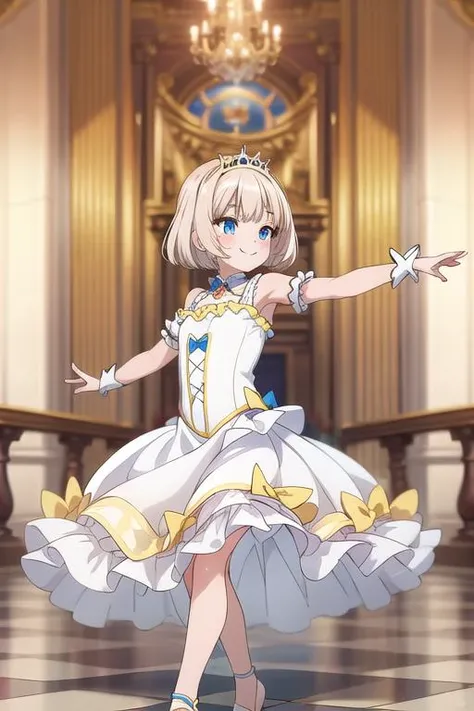 masterpiece, best quality,ultra detail, <lora:anmnr01:0.3>  <lora:add_detail:0.5>,<lora:GoodHands-vanilla:0.8> petite,<lora:0005animemia:0.7>,animemia,Dance party,white dress,bare shoulder,court,Ballroom dancing,smile