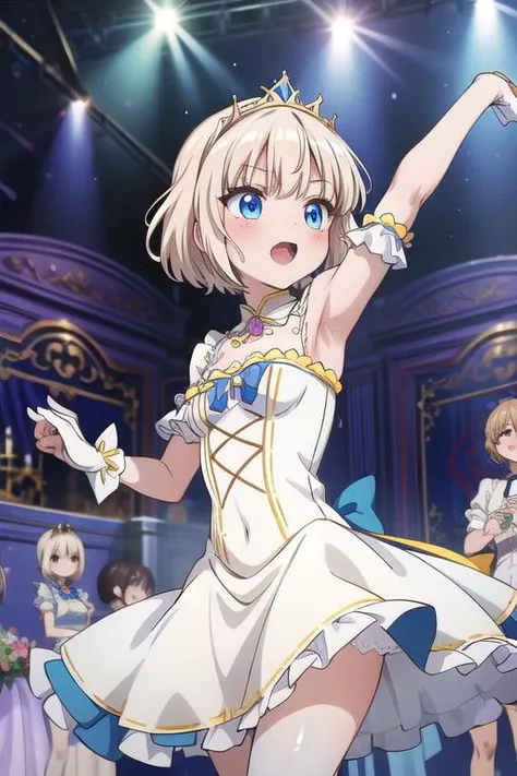 masterpiece, best quality,ultra detail, <lora:anmnr01:0.3>  <lora:add_detail:0.5>,<lora:GoodHands-vanilla:0.8> petite,<lora:0005animemia:0.7>,animemia,Dance party,white dress,bare shoulder