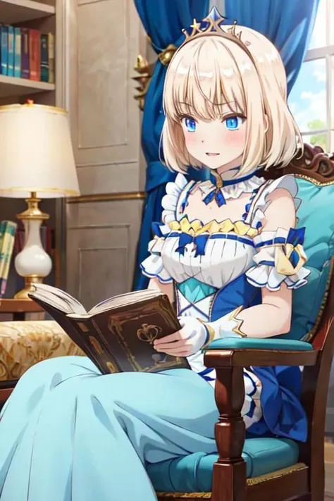 A woman in a blue dress sitting in a chair reading a book - SeaArt AI