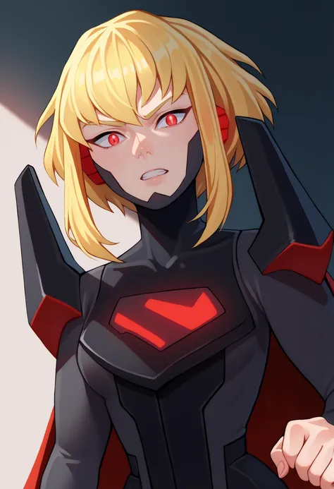 score_9,score_8_up,score_7_up, source_anime, <lora:Kara-Zor-ElPDXL_V1-Manityro-CAME:1.0> karazoreldef, short hair, blonde hair, [medium breasts|large breasts], karazorelfit, red earpiece, red cape, red glow, black two-tone bodysuit, shoulder armor, looking at viewer, upper body, raised fist, hand up, clenched teeth, v-shaped eyebrows, red eyes, glowing eyes,