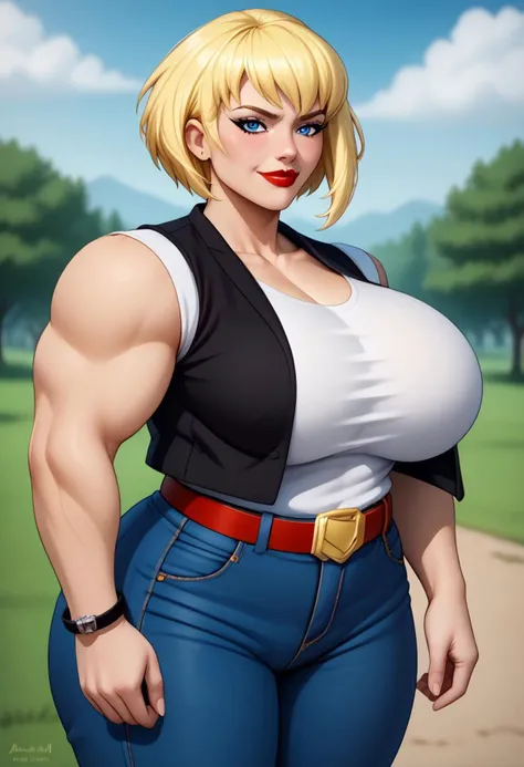 EasyNegativeV2, s0s4nstr0ng,1girl, realistic extremely detailed, photorealism, state of perfection, intricate details, masterpiece, sharp, high contrast, best quality detailed, rating_explicit, 8k, focus, <lora:MatureFemalePony:0.05>, NSFW able, <lora:jumbovenusXL-vp2-WT:1>, (muscular:1.05), <lora:head_slider_v2:5>, (large muscle longer arm:1.05), (forearm:1.25), <lora:Kara-Zor-ElPDXL_V1-Manityro-CAME:1.0>, (curvy thick thighs:0.90), (Kara Zor-El from (My Adventures with Superman), karazoreldef, Kara with a beautiful perfect face, blush, blonde hair, short hair, blue eyes, red lipstick, milf, mature female, voluptuous, busty, curvaceous, plump, muscular, thickstack, huge breasts, big ass, thick lips, large muscles longest arms, equal size portion to whole body structure and size as well to limbs, thick thighs, wide hips, thick waist, heavy bottom, heavy top, anatomically perfectly correct, perfect anatomy, perfect composition, solo, femdom, standing, looking at the that viewer, smug, white shirt, collarbone, vest, open black vest, short hair, lined eyes, animification, belt, jeans, bracelet, outside
