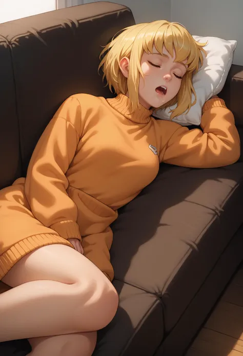 score_9, score_8_up, score_7_up, 1girl, solo, karazoreldef, closed eyes, short hair, blonde hair, medium breasts, toned,
sweater dress, orange sweater,
open mouth, lying, on side, sleeping, mouth drool, nose bubble, 
indoors, couch, pillow
<lora:Kara-Zor-ElPDXL_V1-Manityro-CAME:1.0>