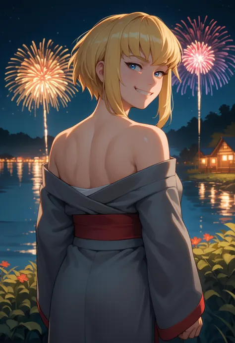 score_9, score_8_up, score_7_up, 1girl, solo, karazoreldef, blue eyes, short hair, blonde hair, medium breasts, toned,
grey kimono, off-shoulder kimono, red glow,
looking at viewer, looking back, smile, smug, bedroom eyes, nervous, cowboy shot, rear view,
outdoors, night, dark, fireworks, river,
<lora:Kara-Zor-ElPDXL_V1-Manityro-CAME:1.0>