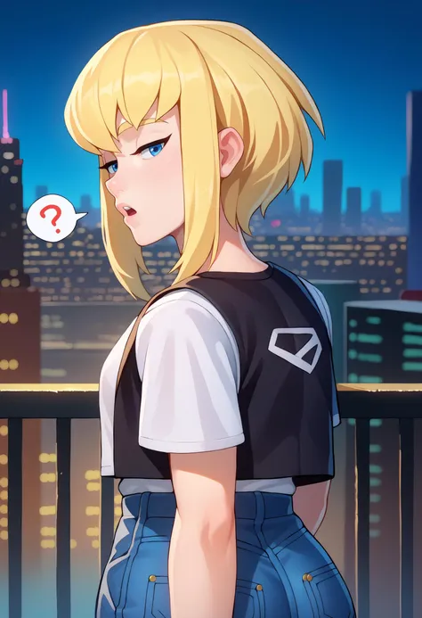 score_9,score_7_up, source_anime, <lora:Kara-Zor-ElPDXL_V1-Manityro-CAME:1.0> karazoreldef, short hair, blonde hair, blue eyes, karazorelfit, upper body, turning, looking back, white t-shirt, black vest, denim jeans, hips, cityscape, looking at viewer, from behind, twisted torso, head tilt, open mouth, parted lips, half-closed eyes, spoken question mark, arched back,