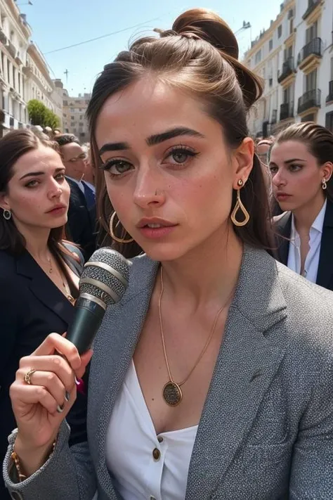 portrait of isabalado ((with microphone taking interview, jewelry, luxury, earrings, rings, boho earrings, business suit, on the street of madrid, crowd, full of people)), RAW, best quality, masterpiece, (extremely detailed eyes, extremely detailed face), bold, bright colours, ((Flora Borsi)), style by Simon Birch, bold, bright colours, by Michael Philip Manheim <lora:v10-isabalado-LoCon:1>