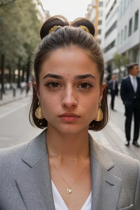 portrait of isabalado (( jewelry,earrings, barrette, ball earrings, business suit, on the street of madrid)), RAW, best quality, masterpiece, (extremely detailed eyes, extremely detailed face), bold, bright colours, style by Andre De Dienes, bold, bright colours, by Ruth Lauer Manenti <lora:v10-isabalado-LoCon:1> , closed mouth