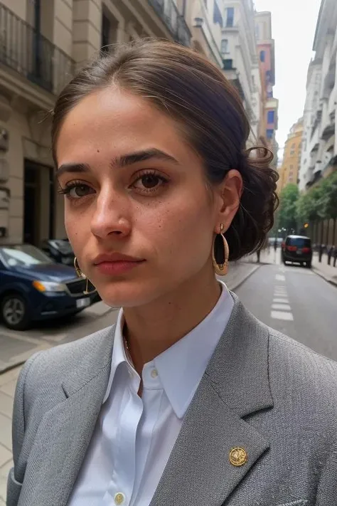 portrait of isabalado (( jewelry,earrings, barrette, crawler earrings, business suit, on the street of madrid)), RAW, best quality, masterpiece, (extremely detailed eyes, extremely detailed face), bold, bright colours, style by Thomas Blackshear, bold, bright colours, by Loretta Lux <lora:v10-isabalado-LoCon:1> , closed mouth