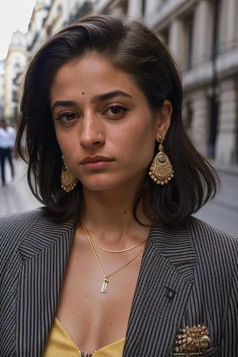 portrait of isabalado (( jewelry, luxury, earrings, rings, brooch, zipper earrings, business suit, on the street of madrid)), RAW, best quality, masterpiece, (extremely detailed eyes, extremely detailed face), bold, bright colours, style by Gerald Brom, bold, bright colours, by Andres Serrano <lora:v10-isabalado-LoCon:1> , closed mouth
