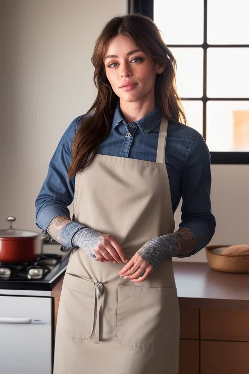DEN_minziwild_OF,
(baking in a bright kitchen wearing an apron, pinny, baking, cooking, chef, apron:1.2),
bokeh, f1.4, 40mm, photorealistic, raw, 8k, textured skin, skin pores, intricate details <lora:epi_noiseoffset2:1>, epiCRealism <lora:ClothingAdjuster3:-1>