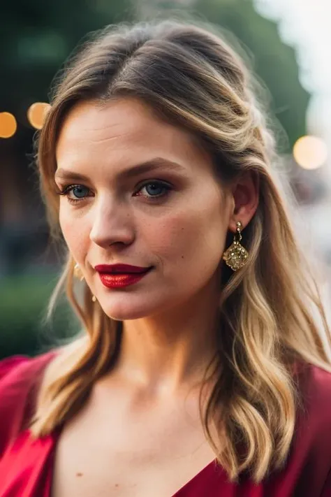 Realistic photo of a beautiful m1ch3ll3p-v2 woman, 1girl, solo, long hair, breasts, (((blonde hair))), long sleeves, dress, jewelry, earrings, blurry, lips, looking to the side, makeup, blurry background, red dress, ring, freckles, realistic, red lips, soft lighting, professional Photography, Photorealistic, detailed, RAW, analog, sharp focus, 8k, HD, DSLR, high quality, Fujifilm XT3, film grain, award winning, masterpiece<lora:m1ch3ll3p-v2:1.0>