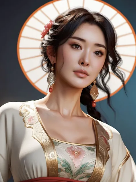 yangmi woman,best quality, highres, photo realistic , raw photo, beautiful clothes, by Alphonse Mucha, d&d style, sharp focus, illustration, ArtStation, beautiful, realistic, curves, lighting<lora:yangmi_XLB6e4_6-000018:0.6>