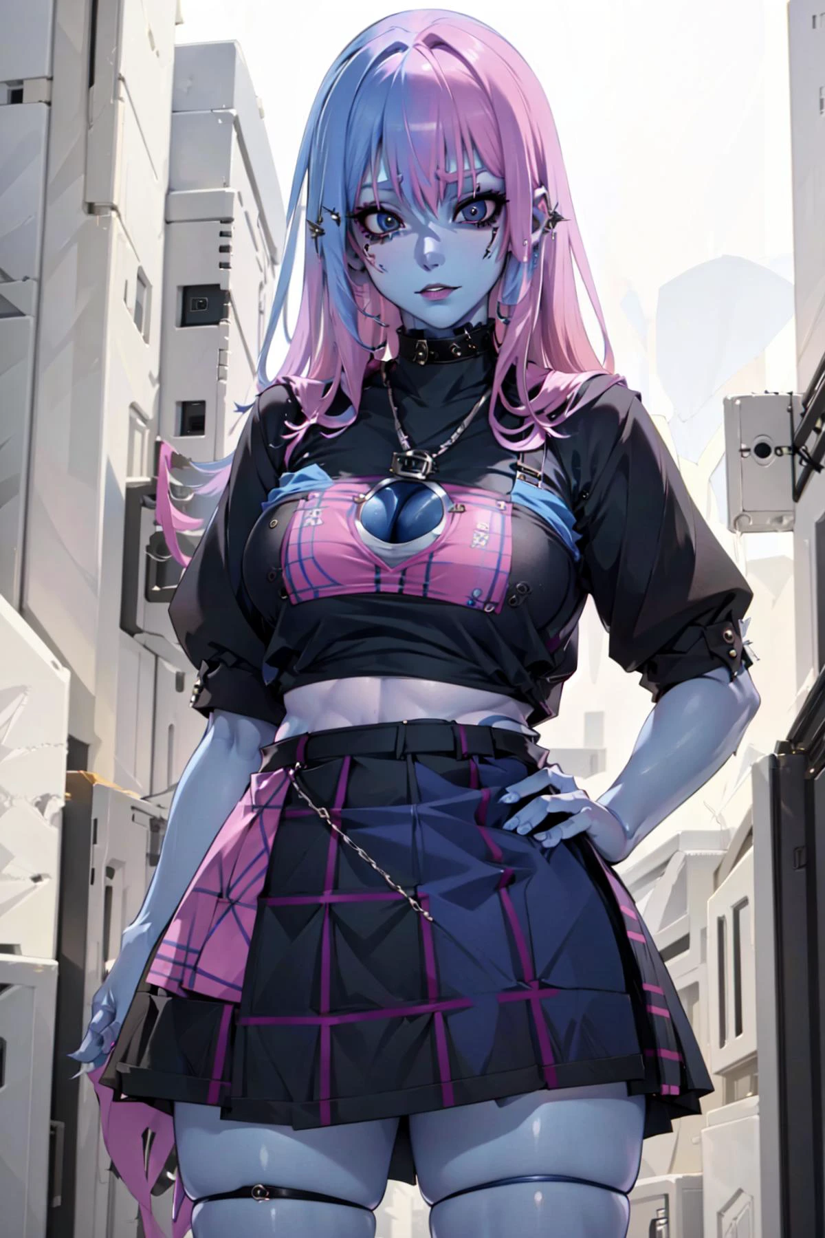 <lora:Keira:0.8> Keira,, blue skin, pink hair <lora:EDG Punk Skirt:1> edgpskirt, punk skirt, masterpiece, best quality, adult, AS-Adult, ((very detailed face))