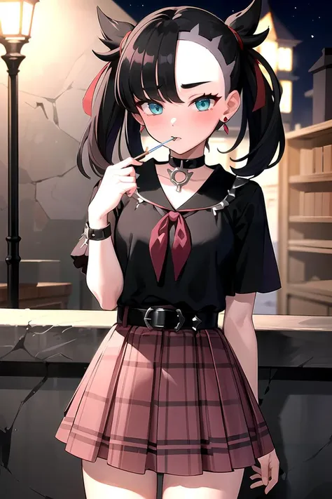 ((Masterpiece, best quality)), edgQuality, embarrassed, blush, edgpskirt, 1girl, hmmarnie, aqua eyes, black choker, red ribbon, earrings, jewelry, <lora:marnie_v1:0.6>, belt, wearing edgpskirt,punk skirt <lora:edgPunkSkirt:0.7>, night, outdoors, lollipop in mouth