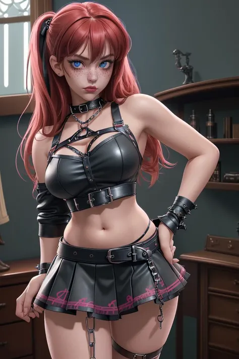 (masterpiece, best quality, hires, high resolution:1.2, 4k, 8k , high quality), extremely detailed, realistic, intricate details, highres, 1girl, solo, red long hair, blue eyes, blush, freckles, (large breasts, thick thighs, wide hips), arched back,(cinematic lighting, sunlight, perfect lighting, backlighting), eye-level shot, extreme close-up-shot, naughty look, looking at viewer,
bedroom background,
edgpskirt,wearing edgpskirt and Sheer top,,punk skirt,multiple chains, leather harness,belts,leather, bikini top
<lora:edgPunkSkirt:0.5>