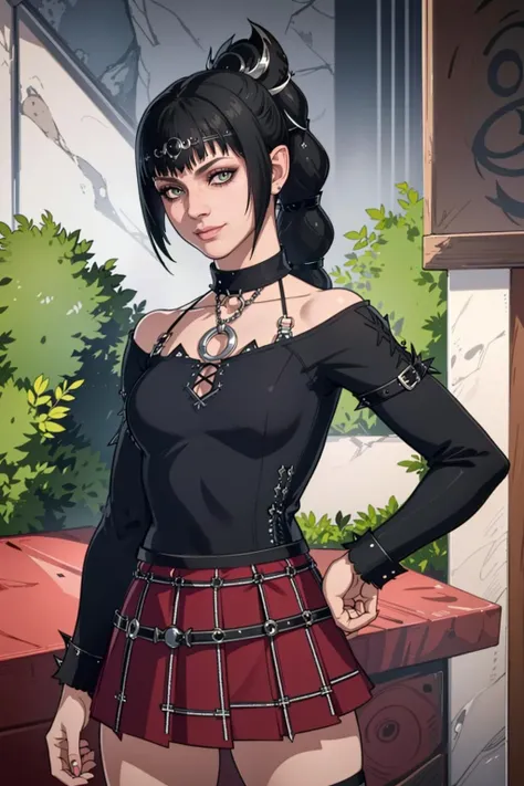 ((Masterpiece, best quality)), edgQuality,smirk,smug,
edgpskirt, a woman in a black top and a plaid skirt ,wearing edgpskirt,punk skirt
 <lora:edgPunkSkirt:0.85>
 1girl, shadowheart, black hair, braided ponytail, green eyes, circlet, closeup, looking at viewer,  <lora:ShadowHeart:1>