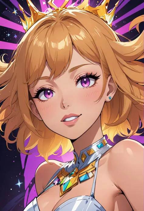 Fairy tale (strawberry blonde hair) hair, [afro:voluminous wild hair:3] eyeliner, eyeshadow, makeup, purple lips vibrant, studio anime, highly detailed,  ((art by Hirohiko Araki)) (cel shading), line art  stifled laugh Futuristic LED crown, programmable lights, geometric shapes, cutting-edge design, techno-glam, dynamic color shifts, standout night piece . Magical, fantastical, enchanting, storybook style, highly detailed