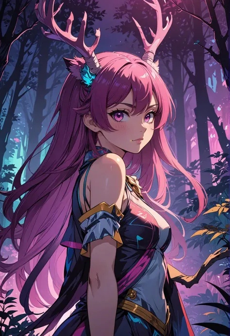 neonpunk style 80s anime artwork,adult woman, vibrant, studio anime, highly detailed,  ((art by CLAMP)) (cel shading), line art fantasy character, deer shaman, antler staff, forest spirits, misty glade, dawn's first light smug . cyberpunk, vaporwave, neon, vibes, vibrant, stunningly beautiful, crisp, detailed, sleek, ultramodern, magenta highlights, dark purple shadows, high contrast, cinematic, ultra detailed, intricate, professional
